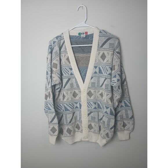 Vintage 3D Men's Sweater Cardigan Made in Italy Wool Size Large Blue Tan Cream